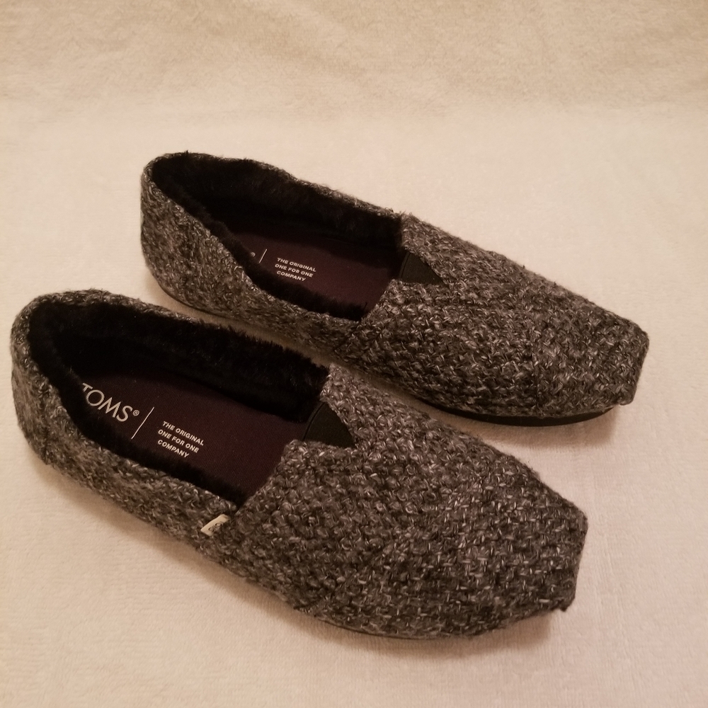 TOMS Alpargata Black Heathered Sweater Knit and Faux Fur Slip Ons